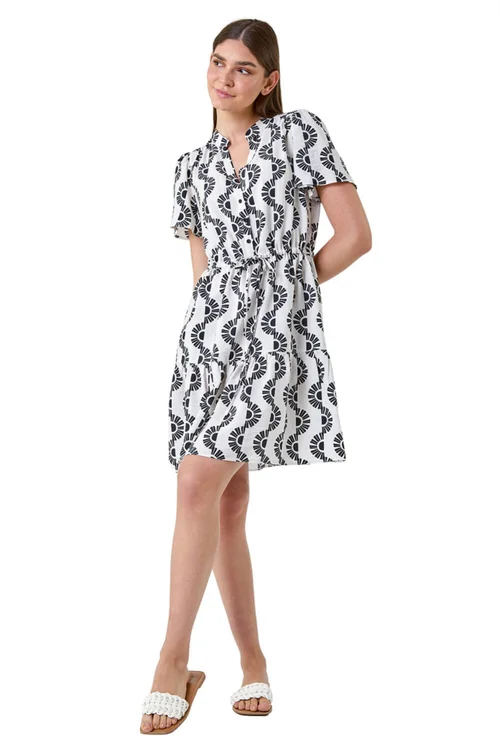 Roman Black Fan Print Frill Hem Shirt Dress - 18 Image 2