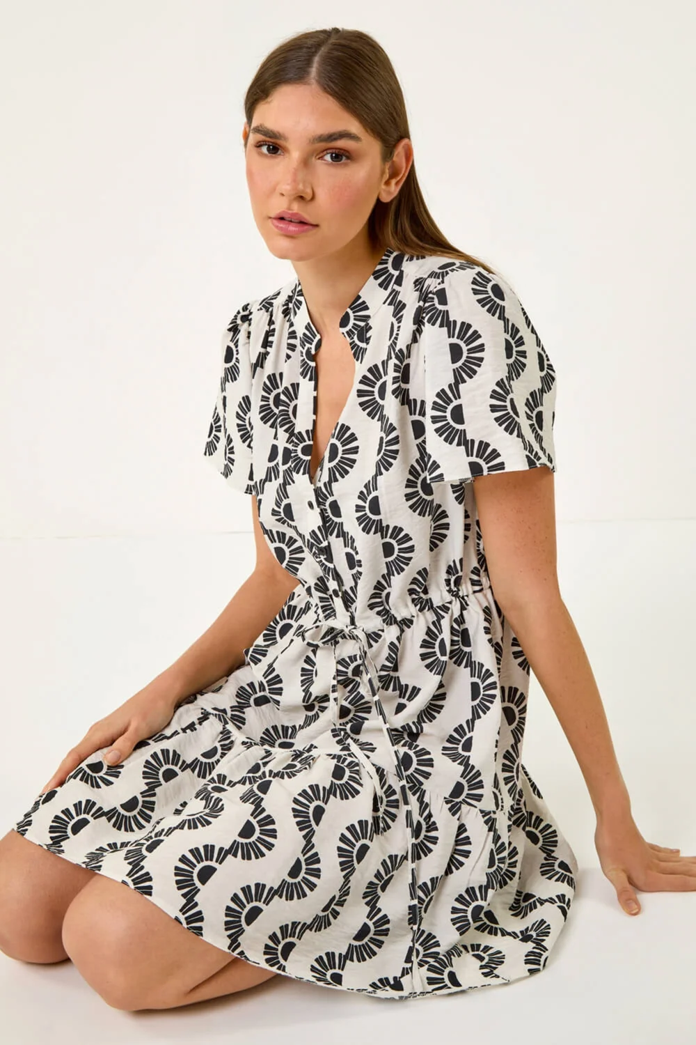 Roman Black Fan Print Frill Hem Shirt Dress - 18 Image 3