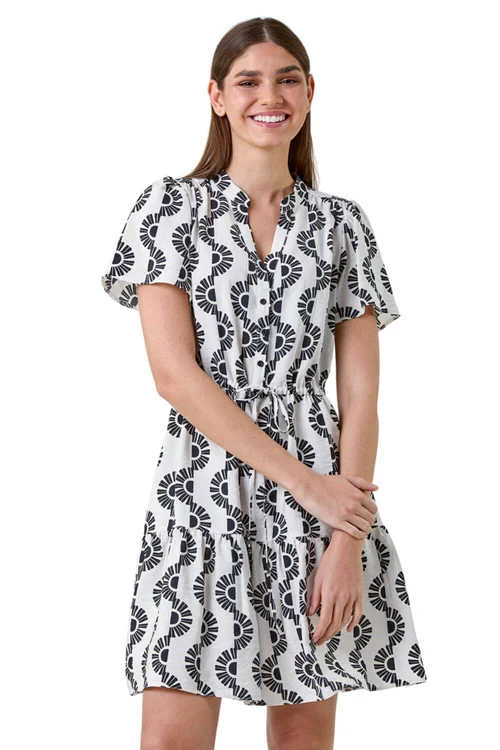 Roman Black Fan Print Frill Hem Shirt Dress - 18 Image 1