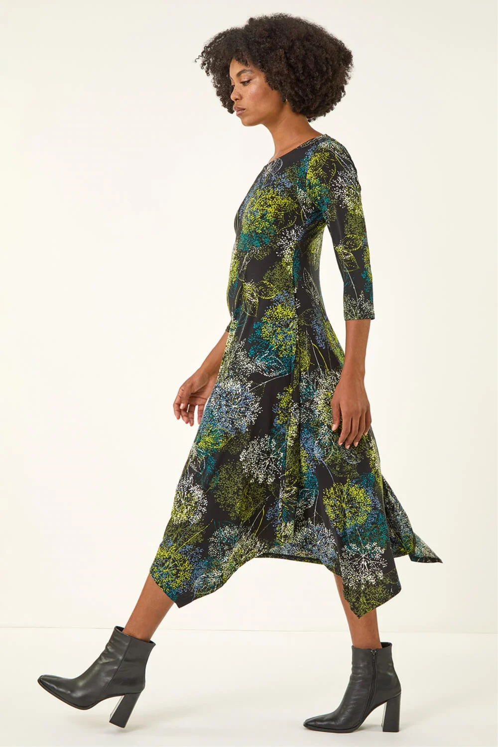 Roman Green Floral Hanky Hem Stretch Midi Dress - 10 Roman Green Floral Hanky Hem Stretch Midi Dress - 10