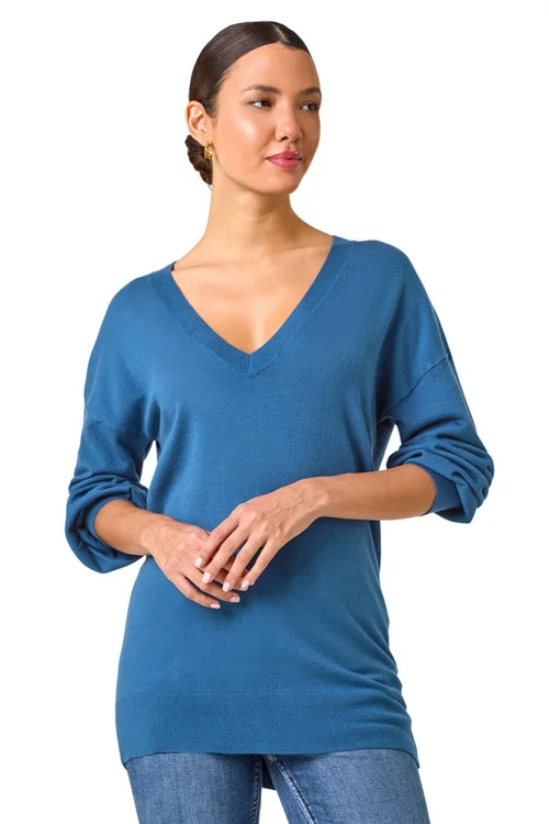 Roman Petrol Blue Plain V-Neck Stretch Jumper - 10 Image 1
