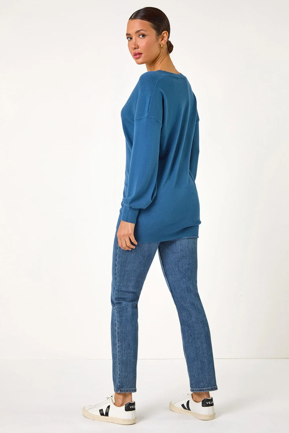 Roman Petrol Blue Plain V-Neck Stretch Jumper - 10 Image 3