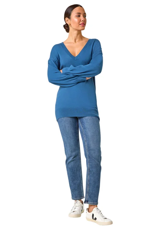 Roman Petrol Blue Plain V-Neck Stretch Jumper - 10 Image 2