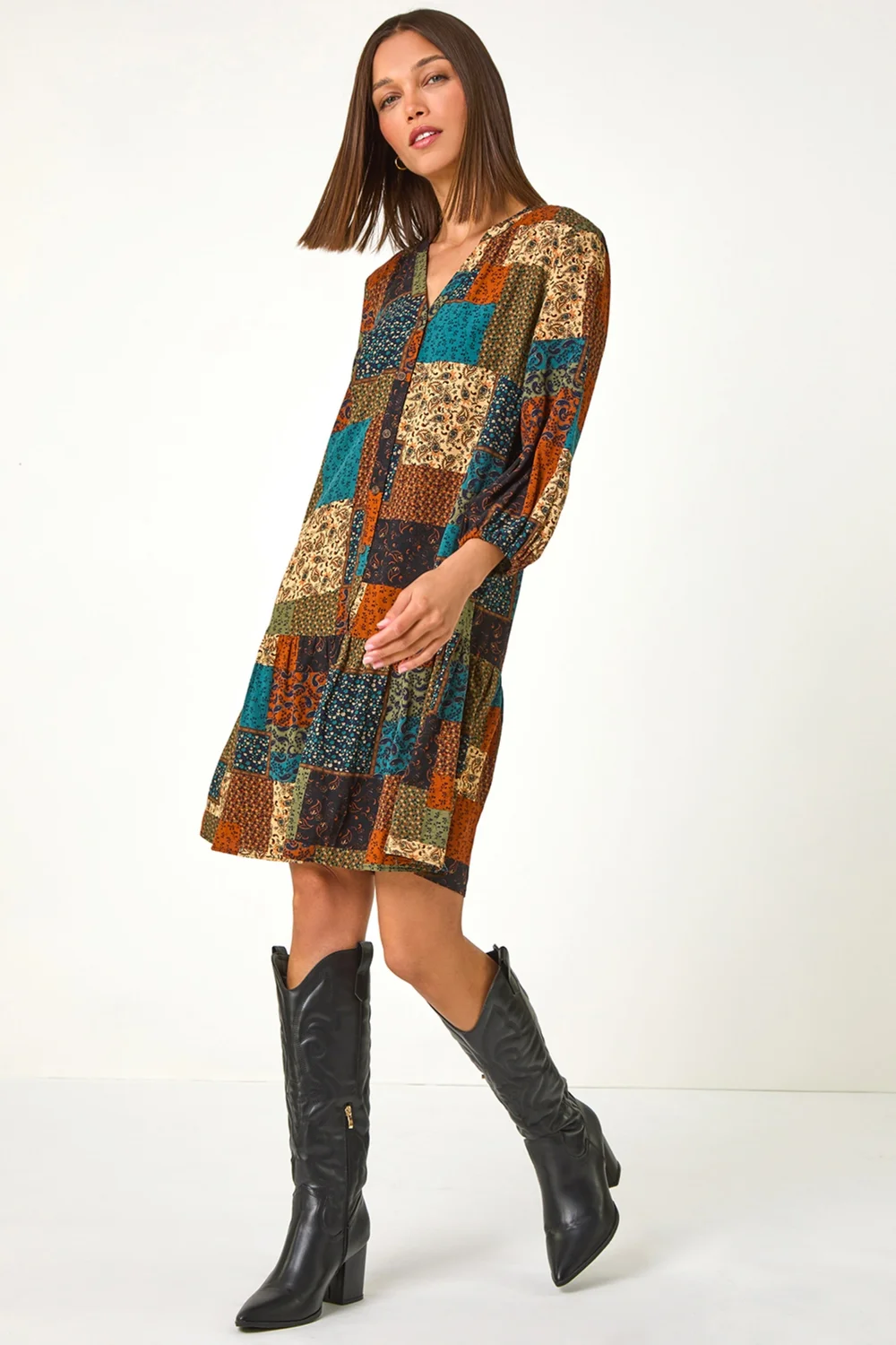 Roman Dark Green Paisley Patchwork Print V-Neck Smock Dress - 12 Image 1