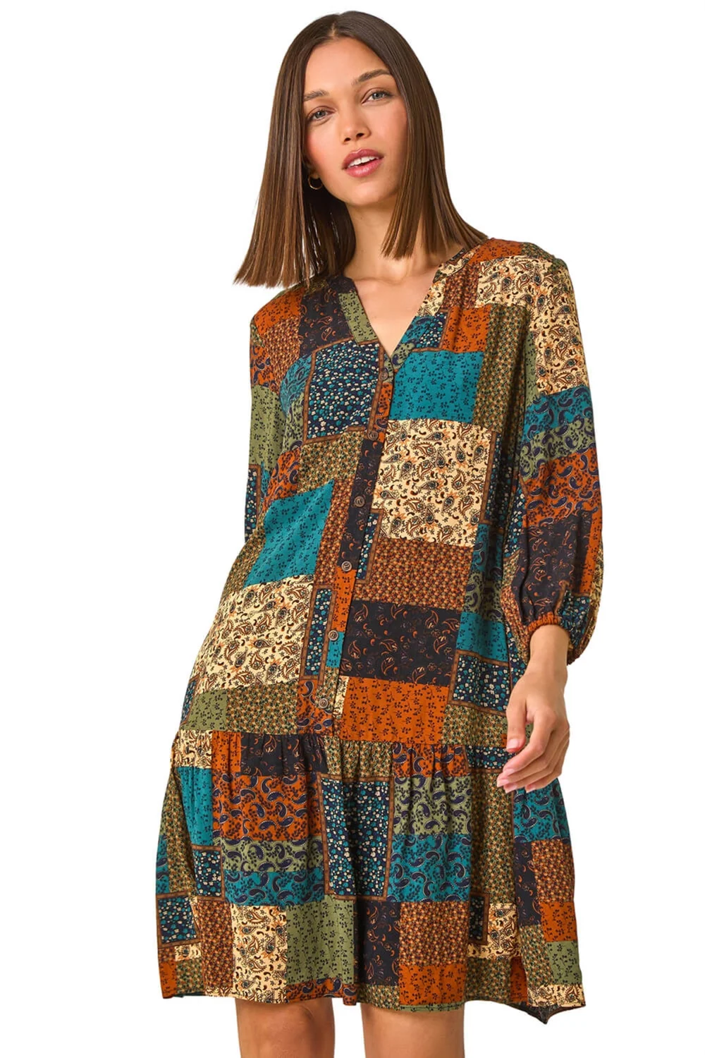 Roman Dark Green Paisley Patchwork Print V-Neck Smock Dress - 12 Image 2
