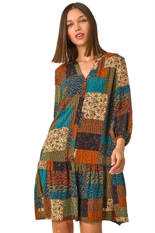 Roman Dark Green Paisley Patchwork Print V-Neck Smock Dress - 12 Image 2