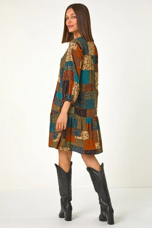 Roman Dark Green Paisley Patchwork Print V-Neck Smock Dress - 12 Image 4