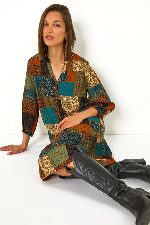 Roman Dark Green Paisley Patchwork Print V-Neck Smock Dress - 12 Image 3
