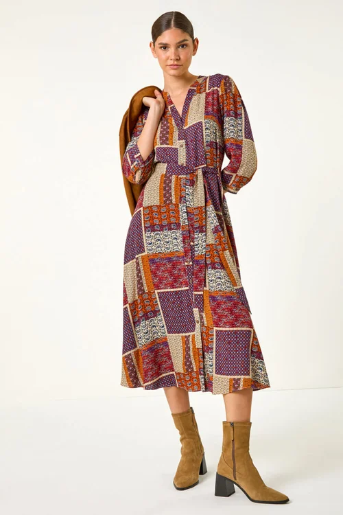 Roman Burgundy Patchwork Midi Shirt Dress - 10 Image 1