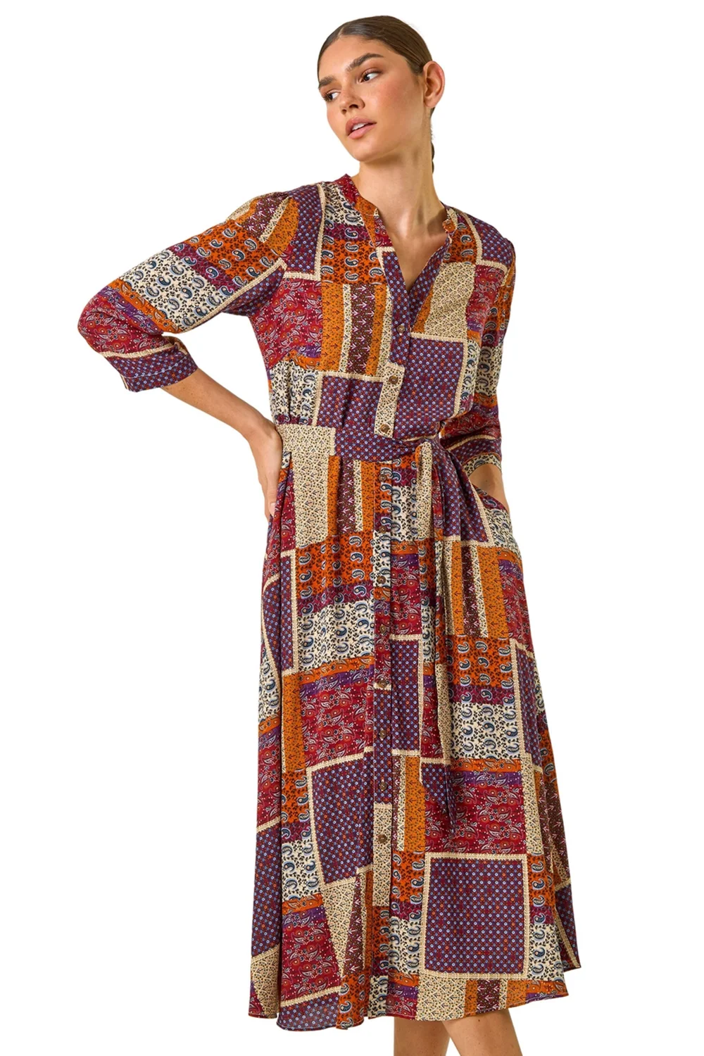 Roman Burgundy Patchwork Midi Shirt Dress - 10 Image 2