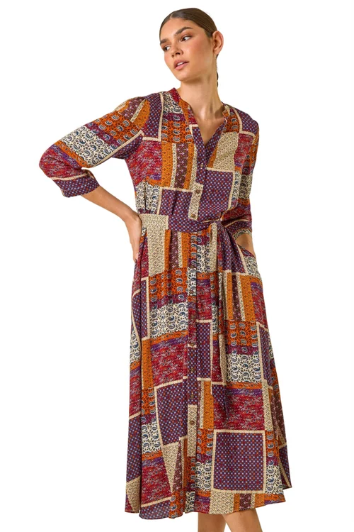 Roman Burgundy Patchwork Midi Shirt Dress - 10 Image 2