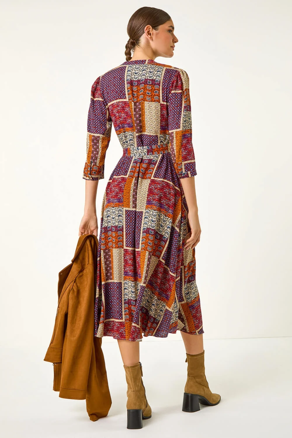 Roman Burgundy Patchwork Midi Shirt Dress - 10 Image 4
