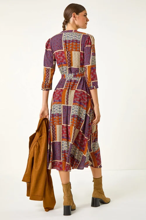 Roman Burgundy Patchwork Midi Shirt Dress - 10 Image 4