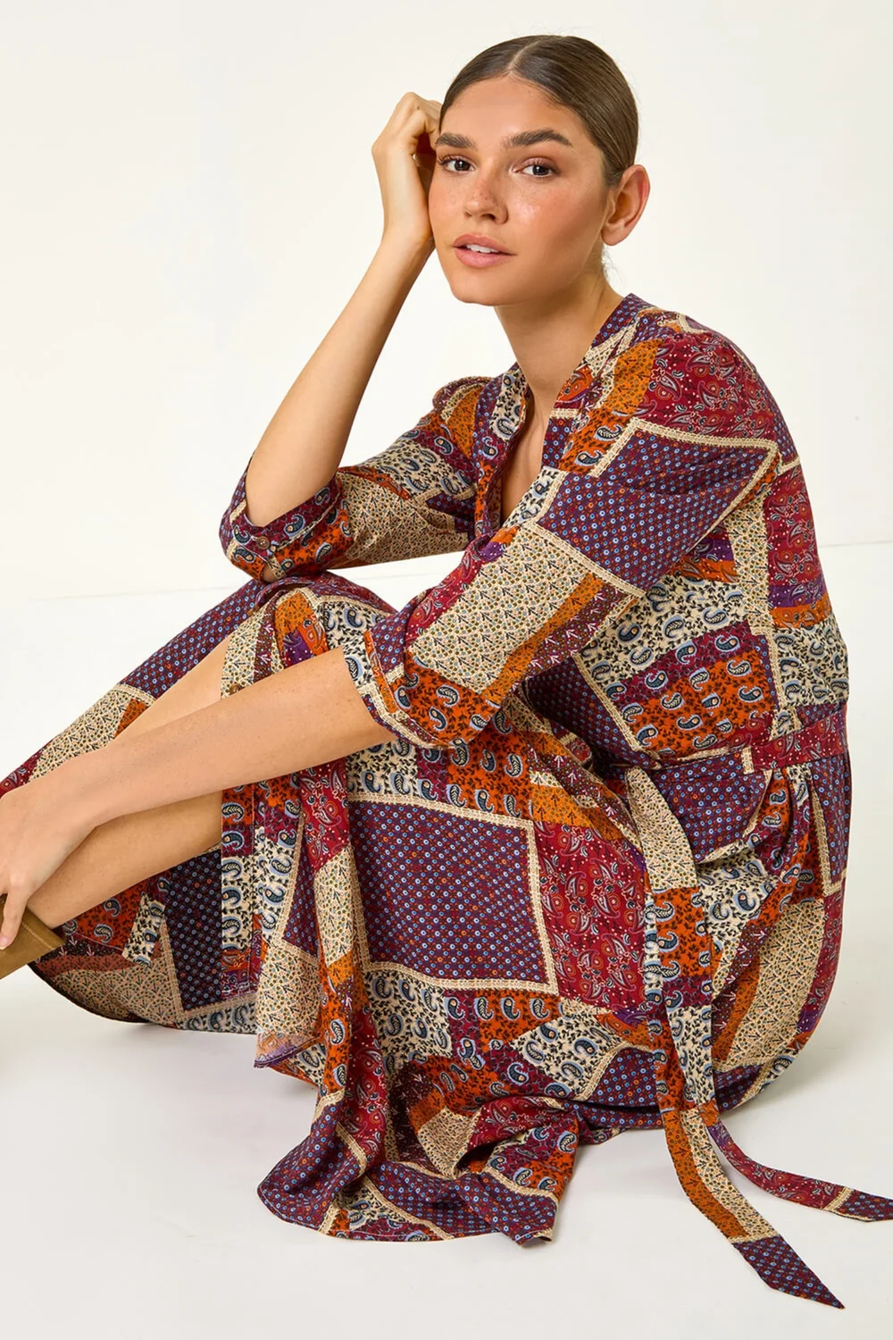 Roman Burgundy Patchwork Midi Shirt Dress - 10 Image 3
