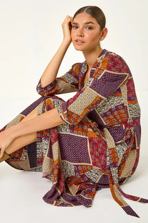 Roman Burgundy Patchwork Midi Shirt Dress - 10 Image 3
