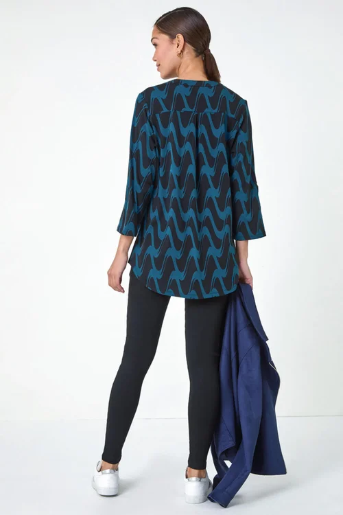 Roman Blue Geometric Print Stretch Blouse - 10 Image 3
