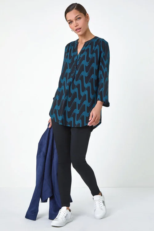 Roman Blue Geometric Print Stretch Blouse - 10 Image 2