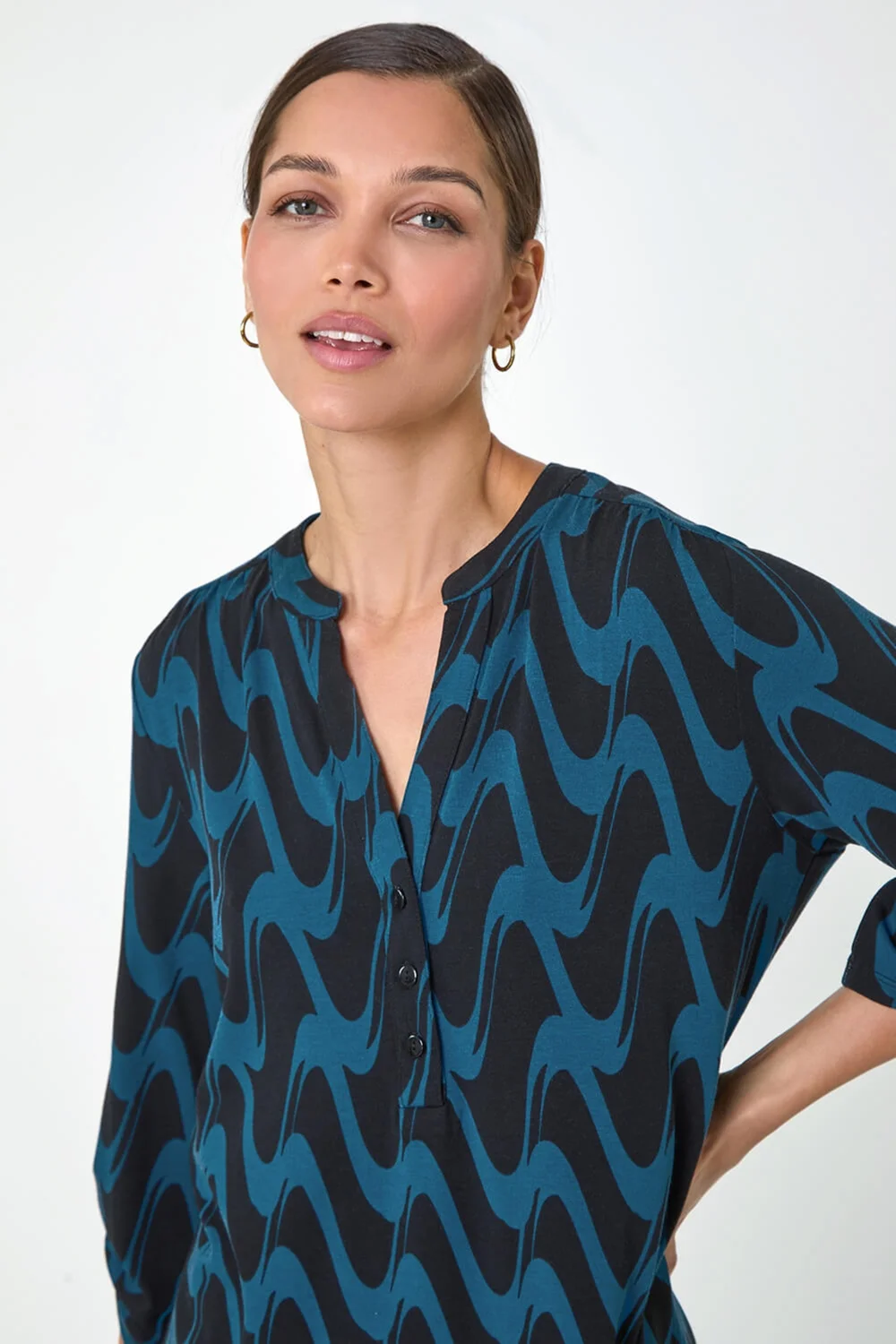 Roman Blue Geometric Print Stretch Blouse - 10 Image 4
