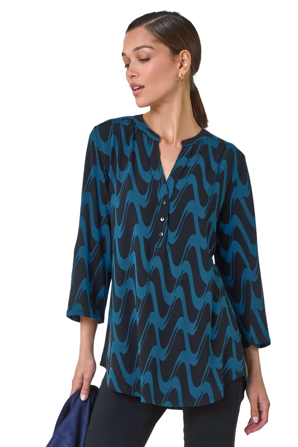 Roman Blue Geometric Print Stretch Blouse - 10 Image 1