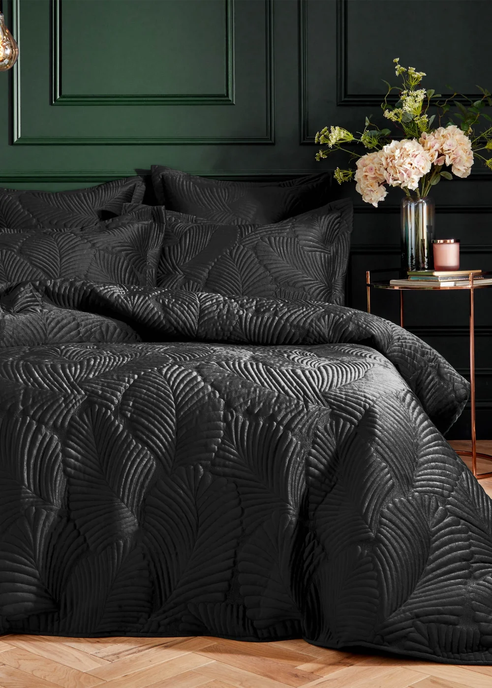 Paoletti Palmeria Quilted Velvet Duvet Cover Set Black - Single Image 1