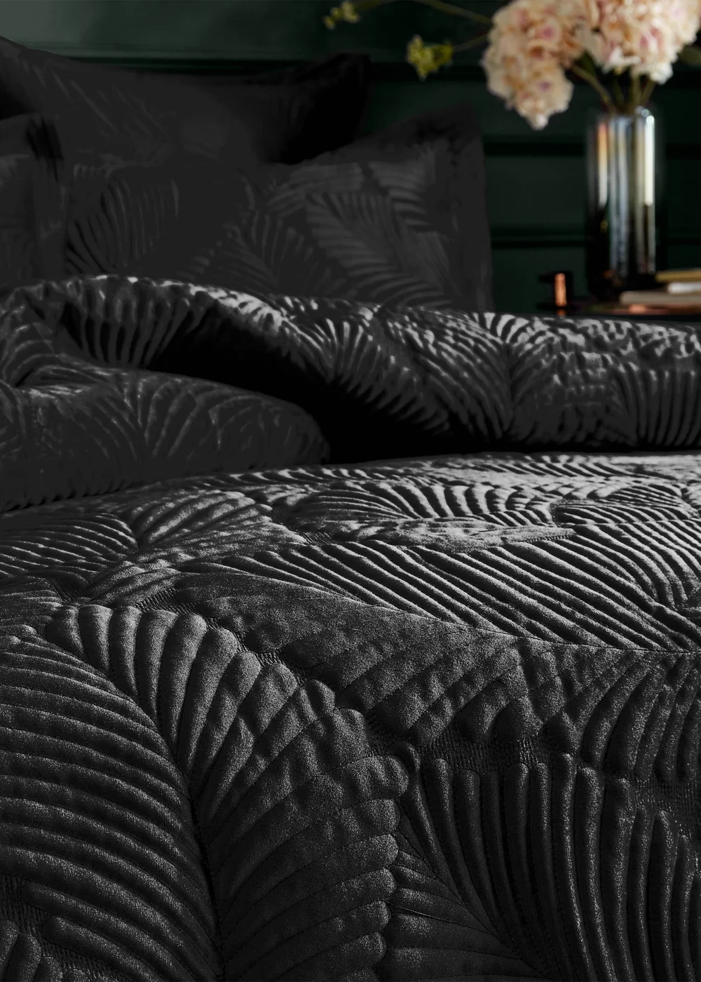 Paoletti Palmeria Quilted Velvet Duvet Cover Set Black - Single Image 2