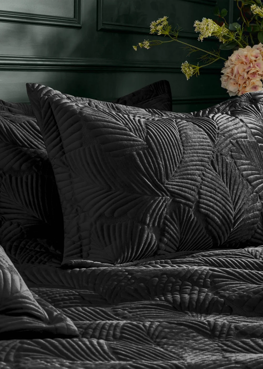 Paoletti Palmeria Quilted Velvet Duvet Cover Set Black - Single Image 3