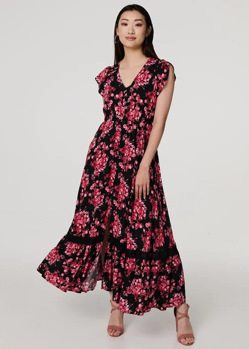 Izabel London Black Floral Cap Sleeve Tiered Maxi Dress - 8 Image 1