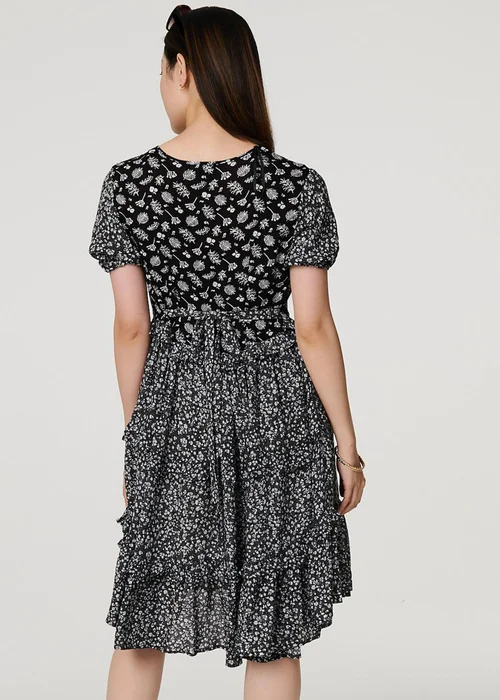 Izabel London Black Floral Short Sleeve Tiered Skater Dress - 12 Image 2