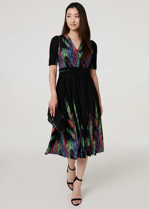 Izabel London Green Feather Print Faux Wrap Front Midi Dress - 8 Image 1