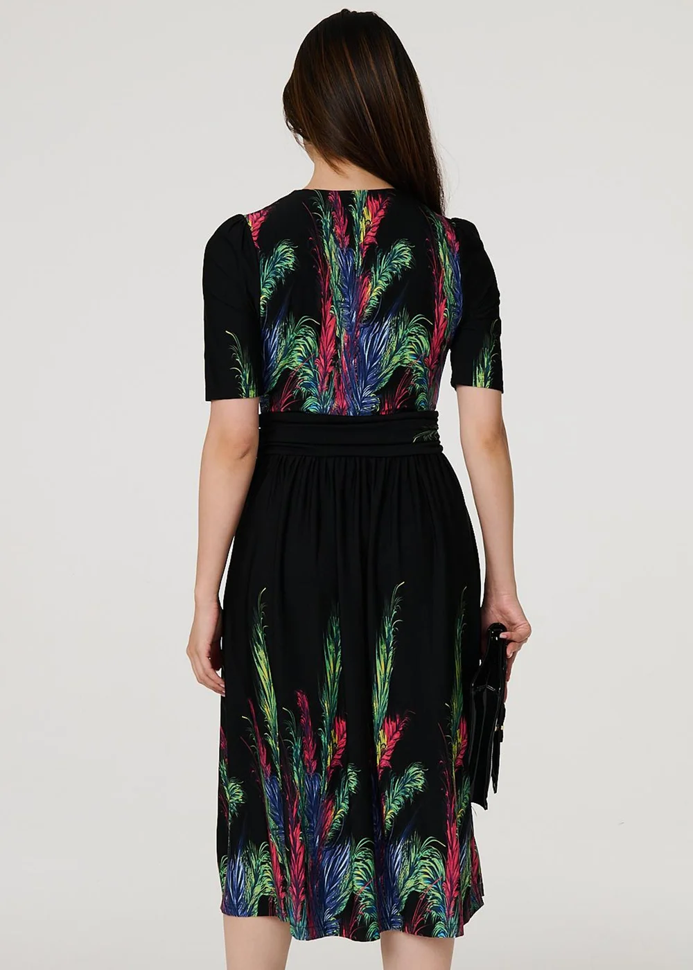 Izabel London Green Feather Print Faux Wrap Front Midi Dress - 14 | Matalan Izabel London Green Feather Print Faux Wrap Front Midi Dress - 14 | Matalan