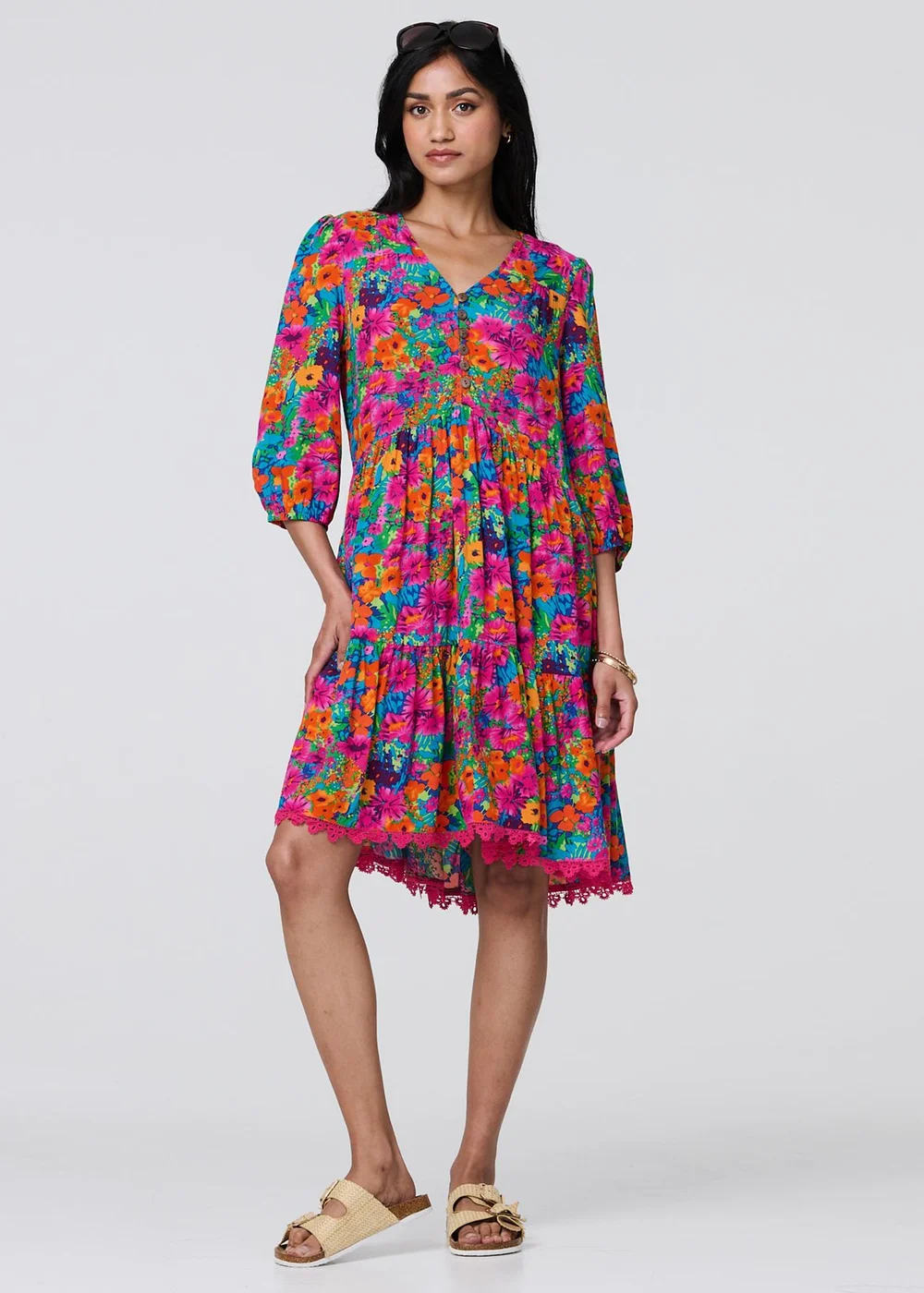 Izabel London Pink Floral 3/4 Sleeve Smock Dress - 8 Image 4