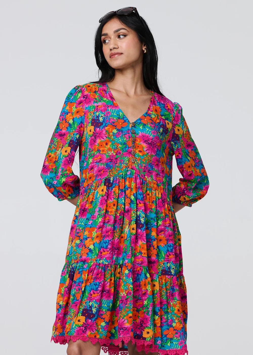 Izabel London Pink Floral 3/4 Sleeve Smock Dress - 8 Image 1