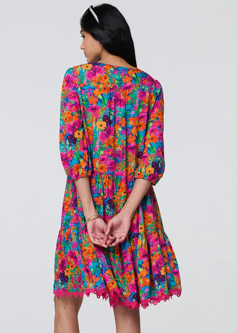 Izabel London Pink Floral 3/4 Sleeve Smock Dress - 8 Image 2