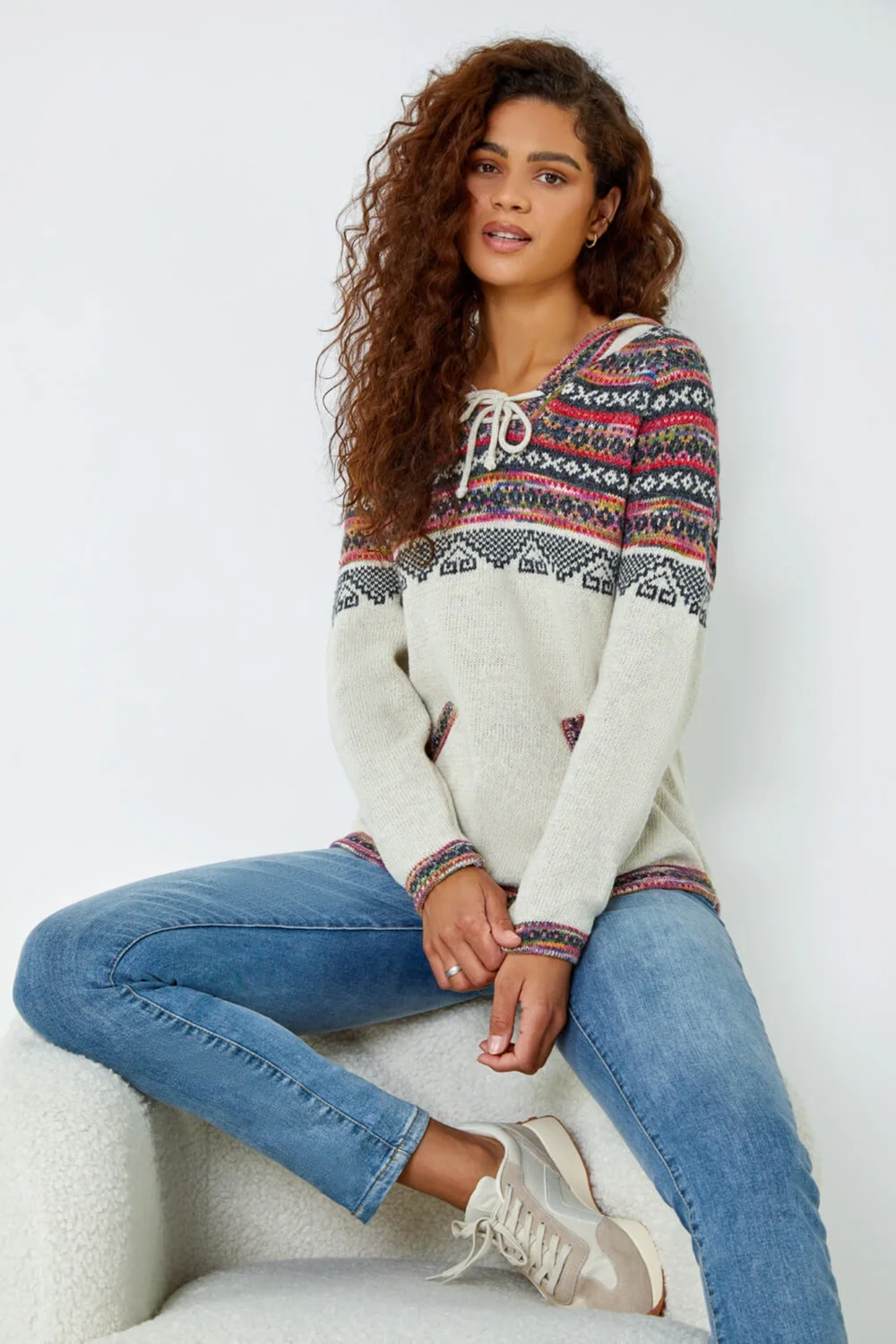 Roman Ivory Nordic Print Knitted Hooded V-Neck Jumper - 10 Image 1