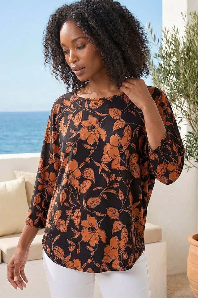 Roman Tan Leaf Print Raglan Sleeve Stretch Top
