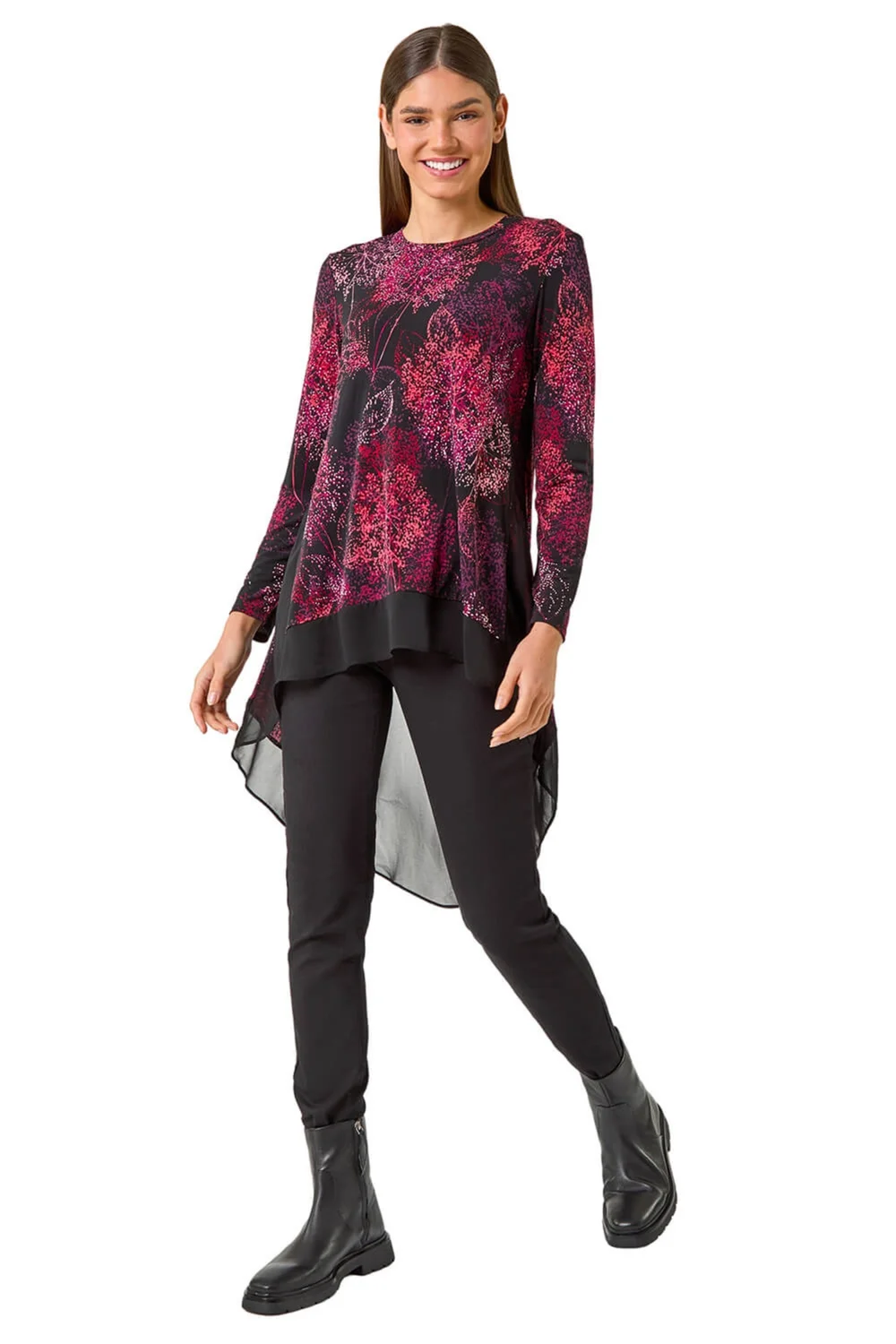 Roman Burgundy Foliage Puff Print Chiffon Hem Top - Size 14 Image 2