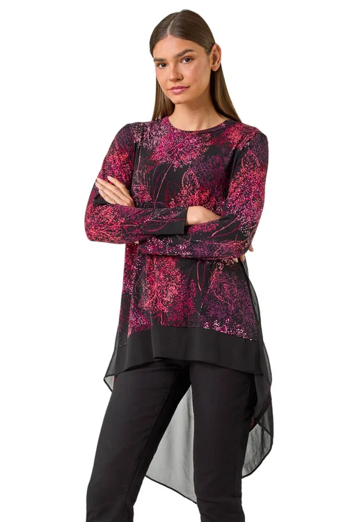 Roman Burgundy Foliage Puff Print Chiffon Hem Top - Size 14 Image 1
