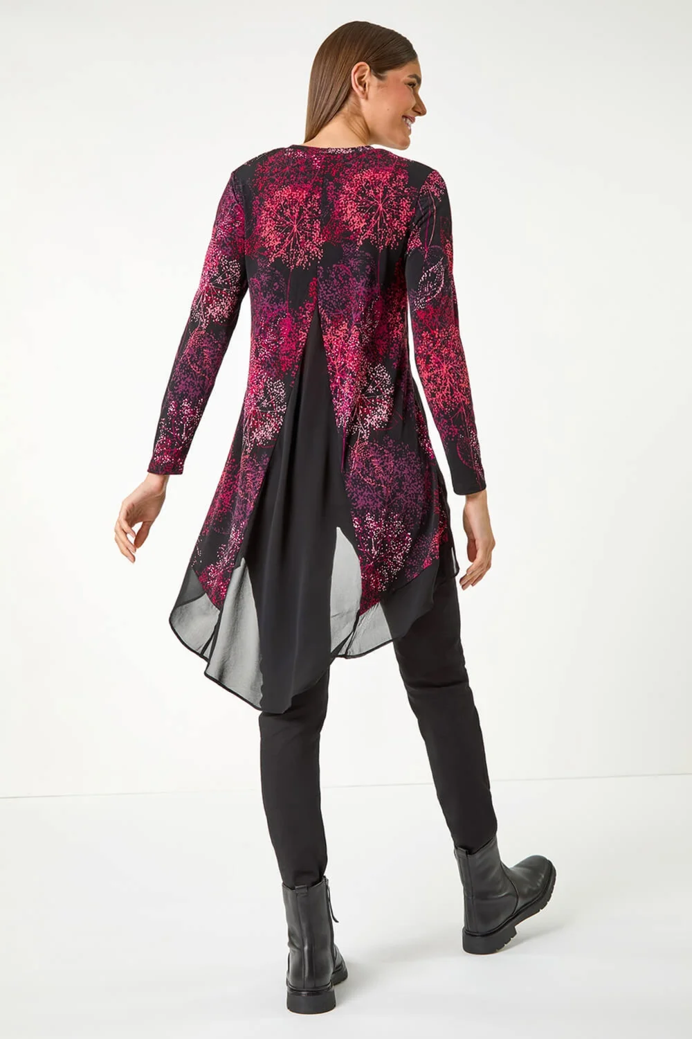 Roman Burgundy Foliage Puff Print Chiffon Hem Top - Size 14 Image 3