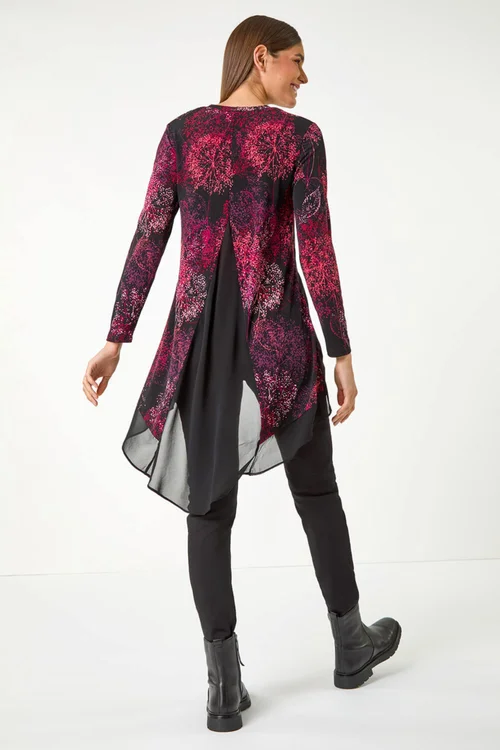 Roman Burgundy Foliage Puff Print Chiffon Hem Top - Size 14 Image 3