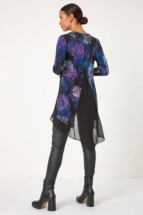 Roman Purple Foliage Puff Print Chiffon Hem Top - 10 Image 3
