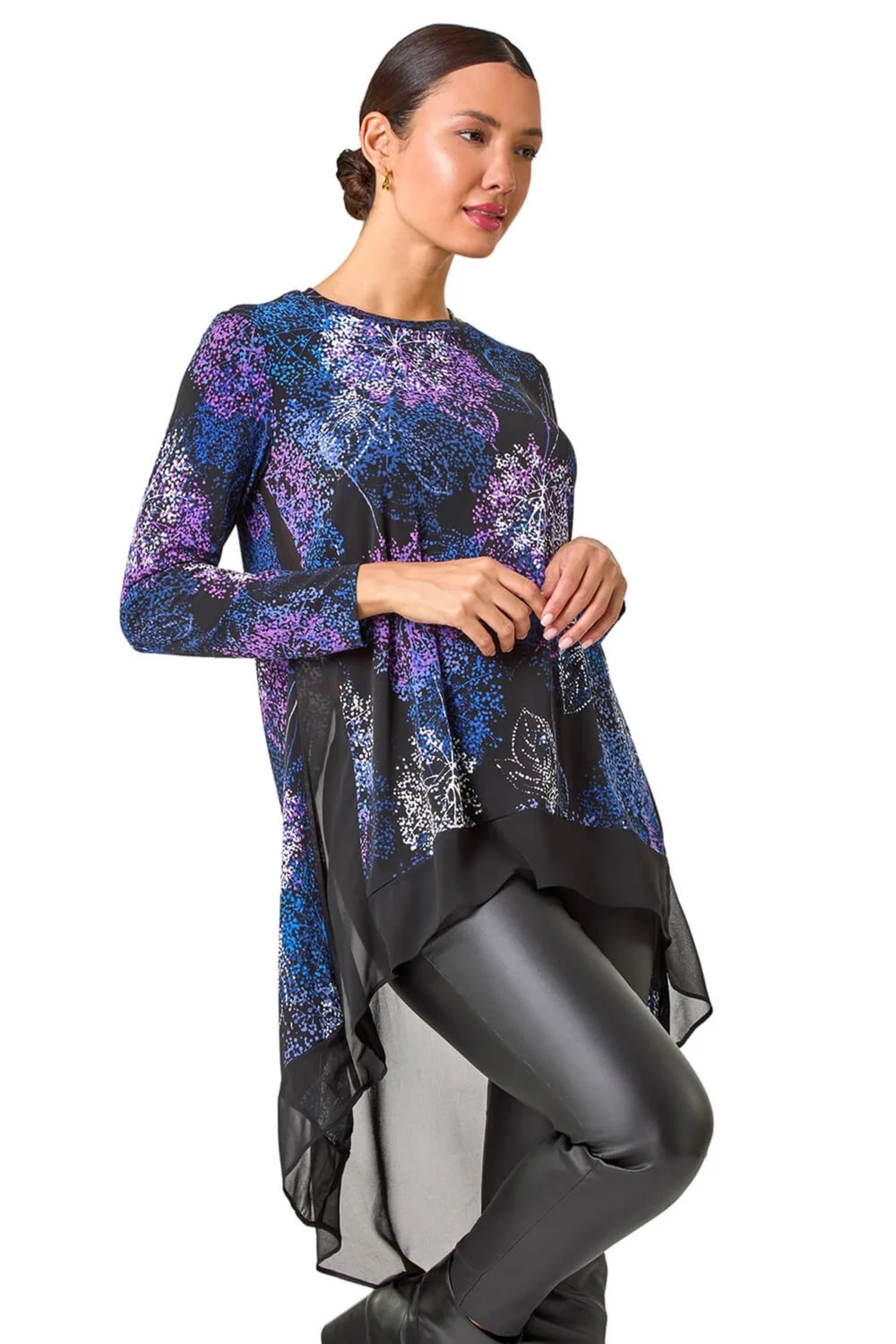 Roman Purple Foliage Puff Print Chiffon Hem Top - 10 Image 1