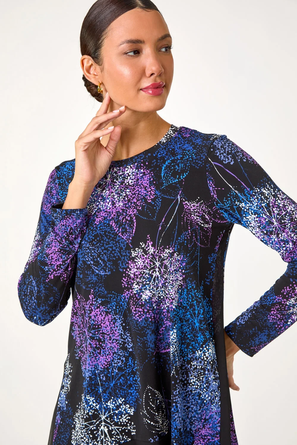 Roman Purple Foliage Puff Print Chiffon Hem Top - 10 Image 4