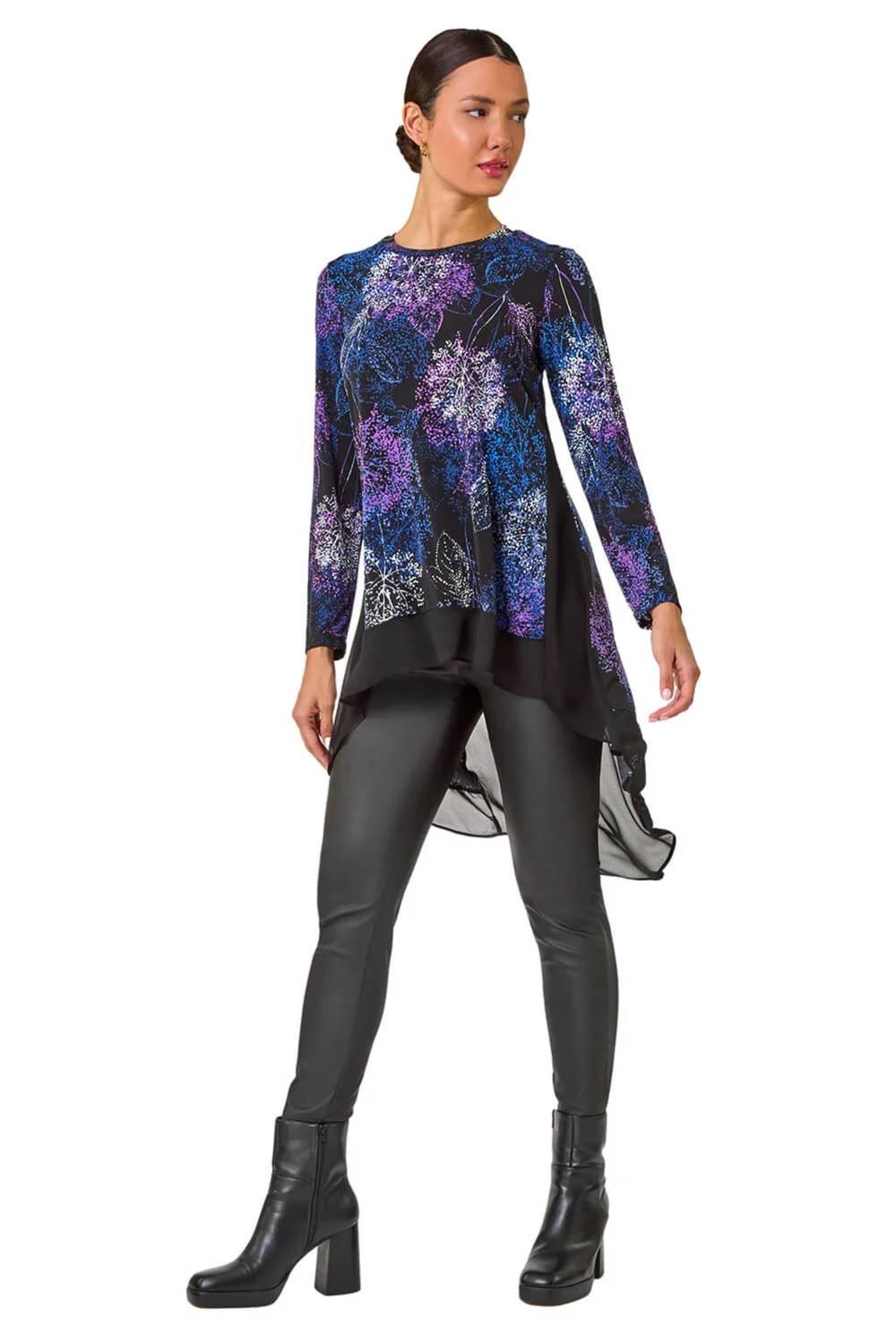 Roman Purple Foliage Puff Print Chiffon Hem Top - 10 Image 2