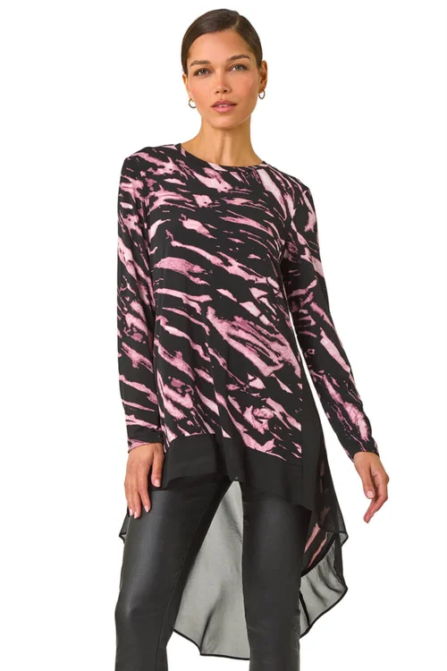Roman Pink Abstract Print Chiffon Hem Tunic Top - Size 24 Image 1