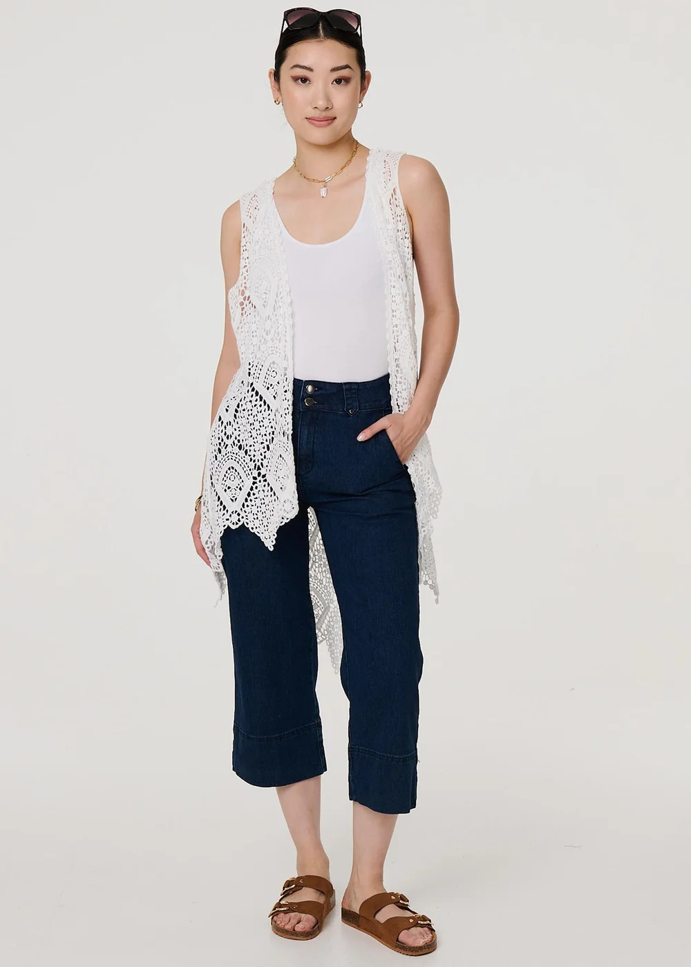 Izabel London White Lace Open Front High Low Cardigan - S/M Image 4