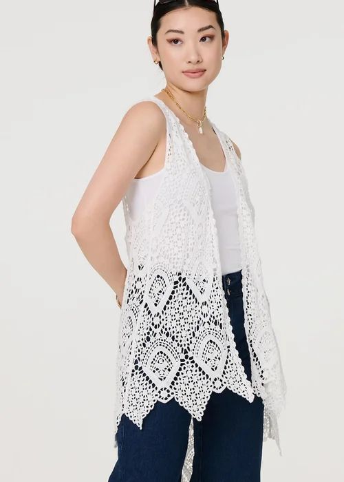 Izabel London White Lace Open Front High Low Cardigan - S/M Image 1