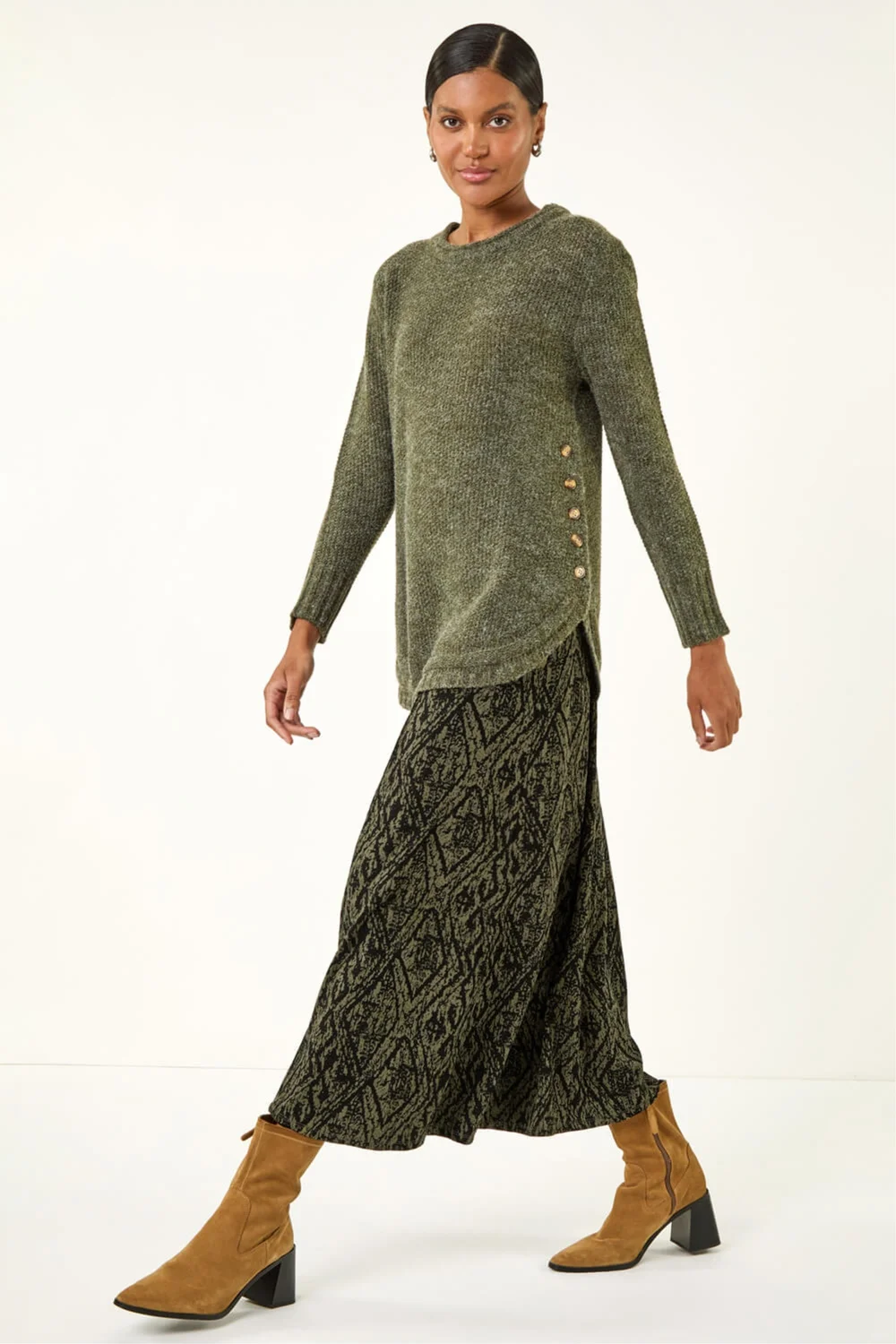 Roman Khaki Button Detail Curved Hem Jumper - 14 Image 2