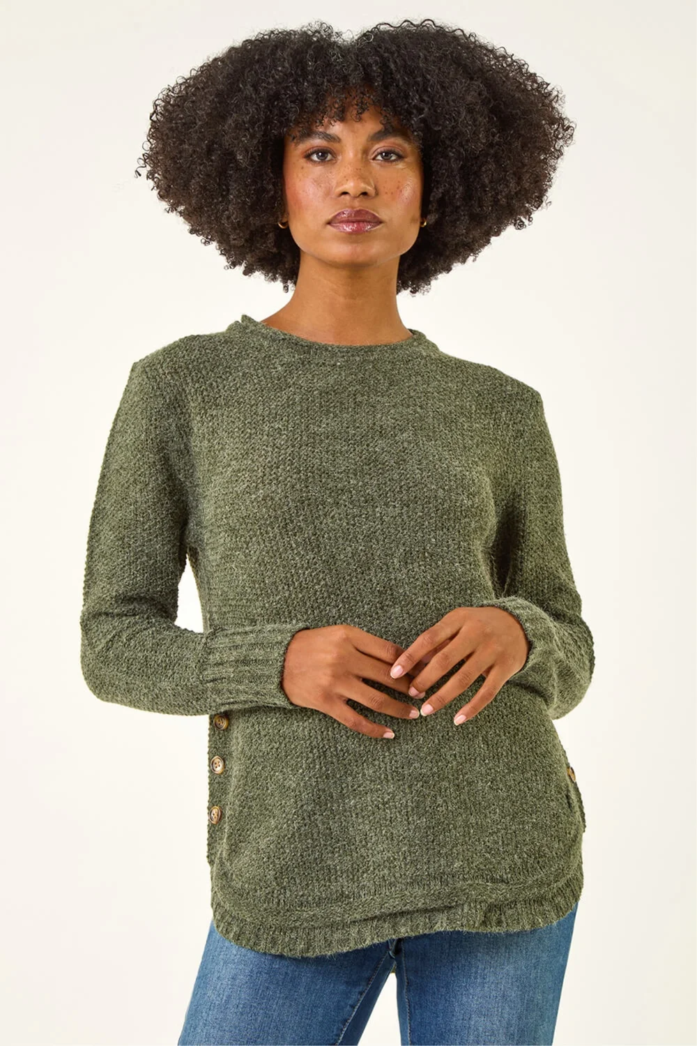 Roman Khaki Button Detail Curved Hem Jumper - 14 Image 1