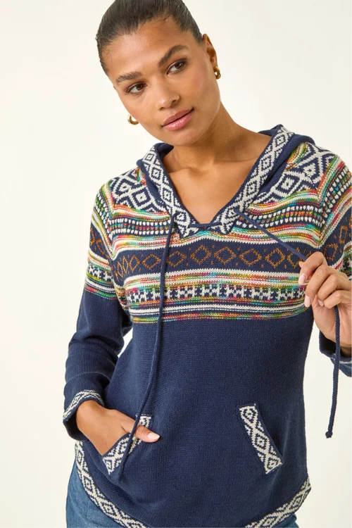 Roman Midnight Blue Nordic Print Hooded V-Neck Jumper - 10 Image 1
