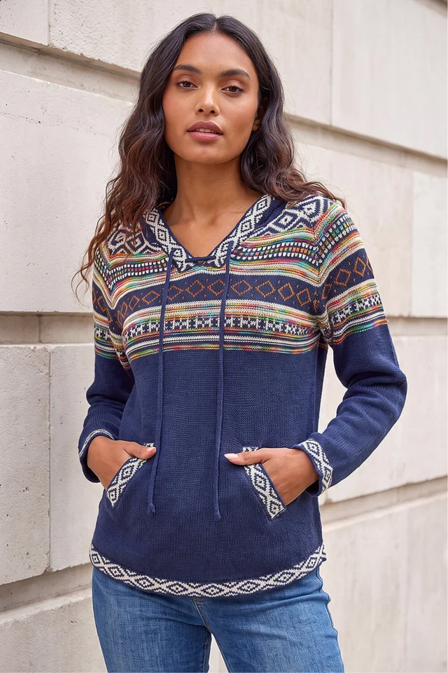 Roman Midnight Blue Nordic Print Hooded V-Neck Jumper